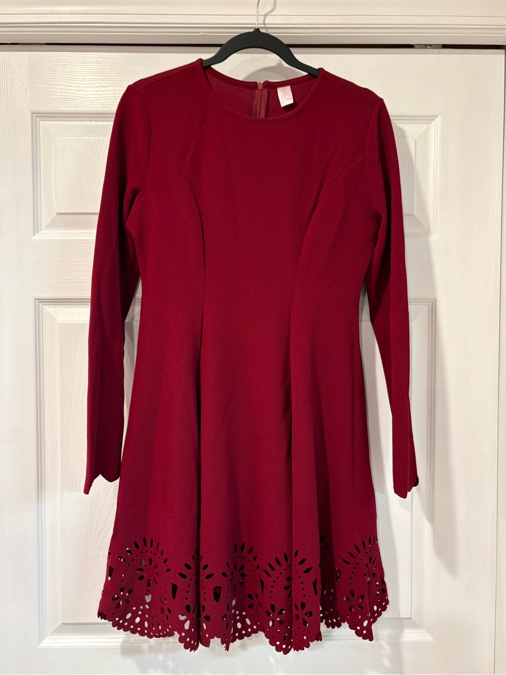 Women’s Long-Sleeve Red Fit-and-Flare Dress with Laser-Cut Hem